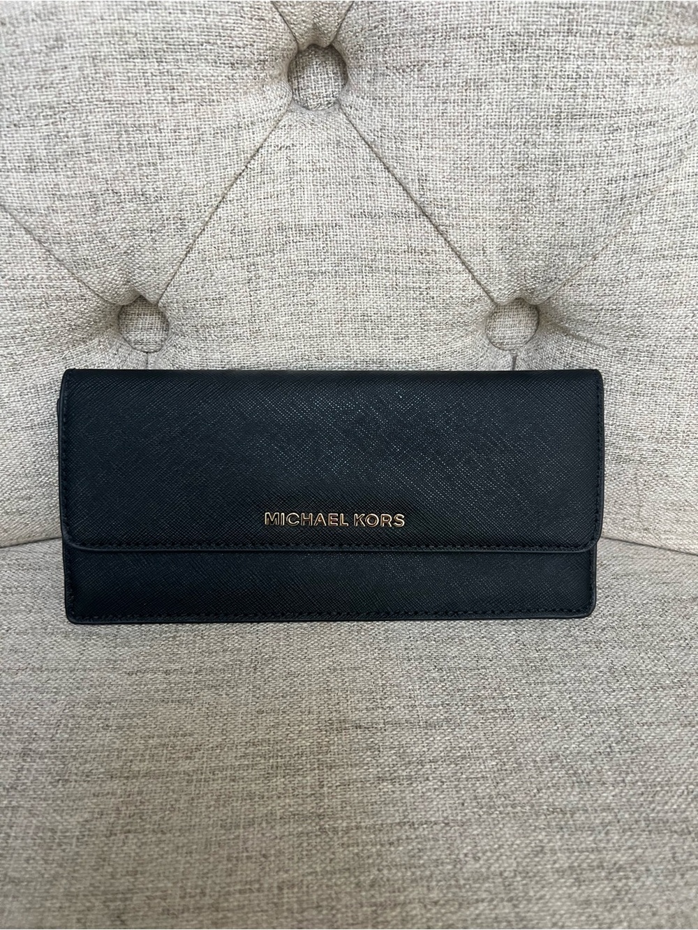 Michael Kors Black Leather Continental Wallet with Gold Logo